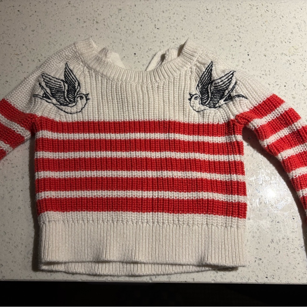 Cute baby Striped Red and White Sweater with sparrow